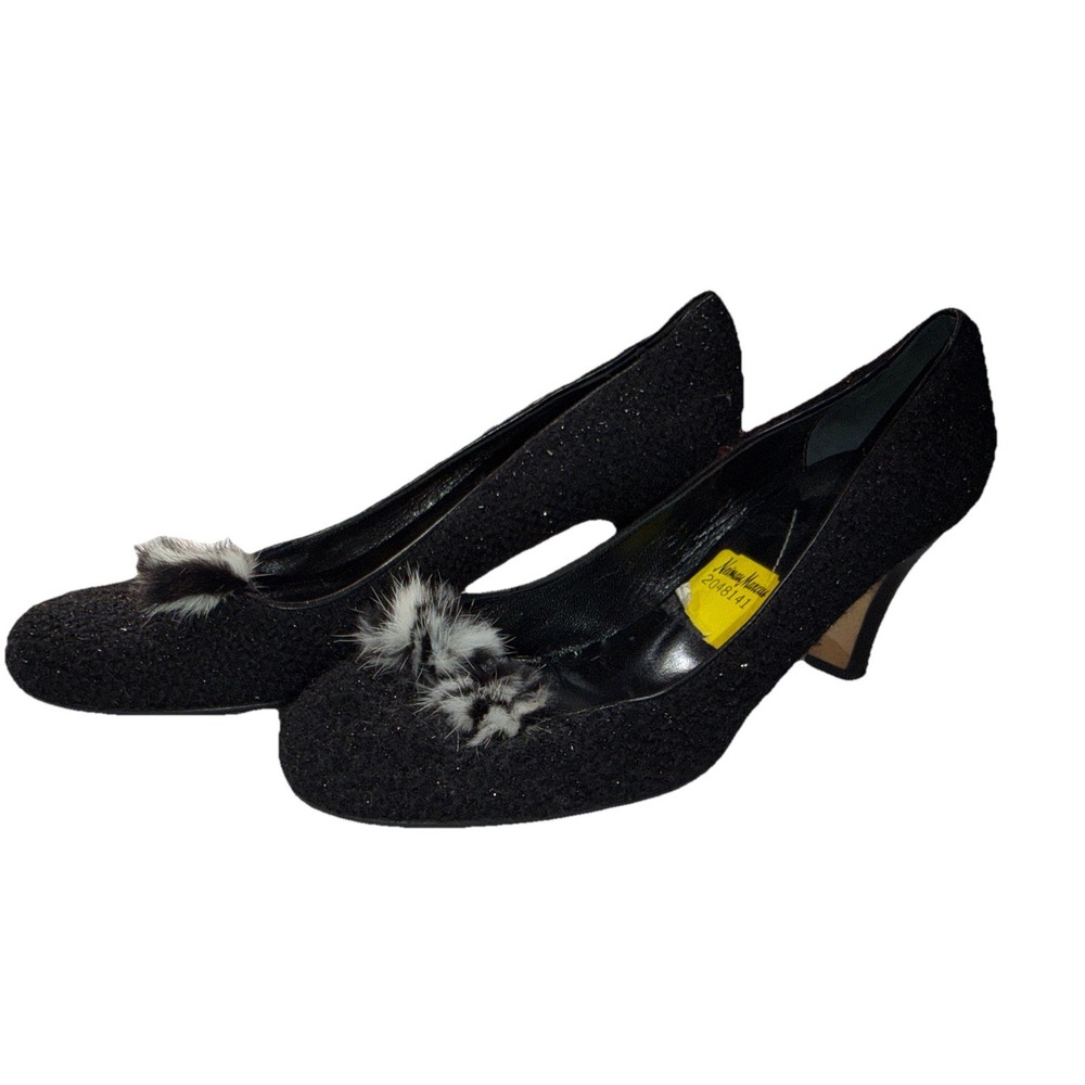 Kate Spade Womens 10B Black Tweed Leather Fur Pom Pumps Heels Made Italy